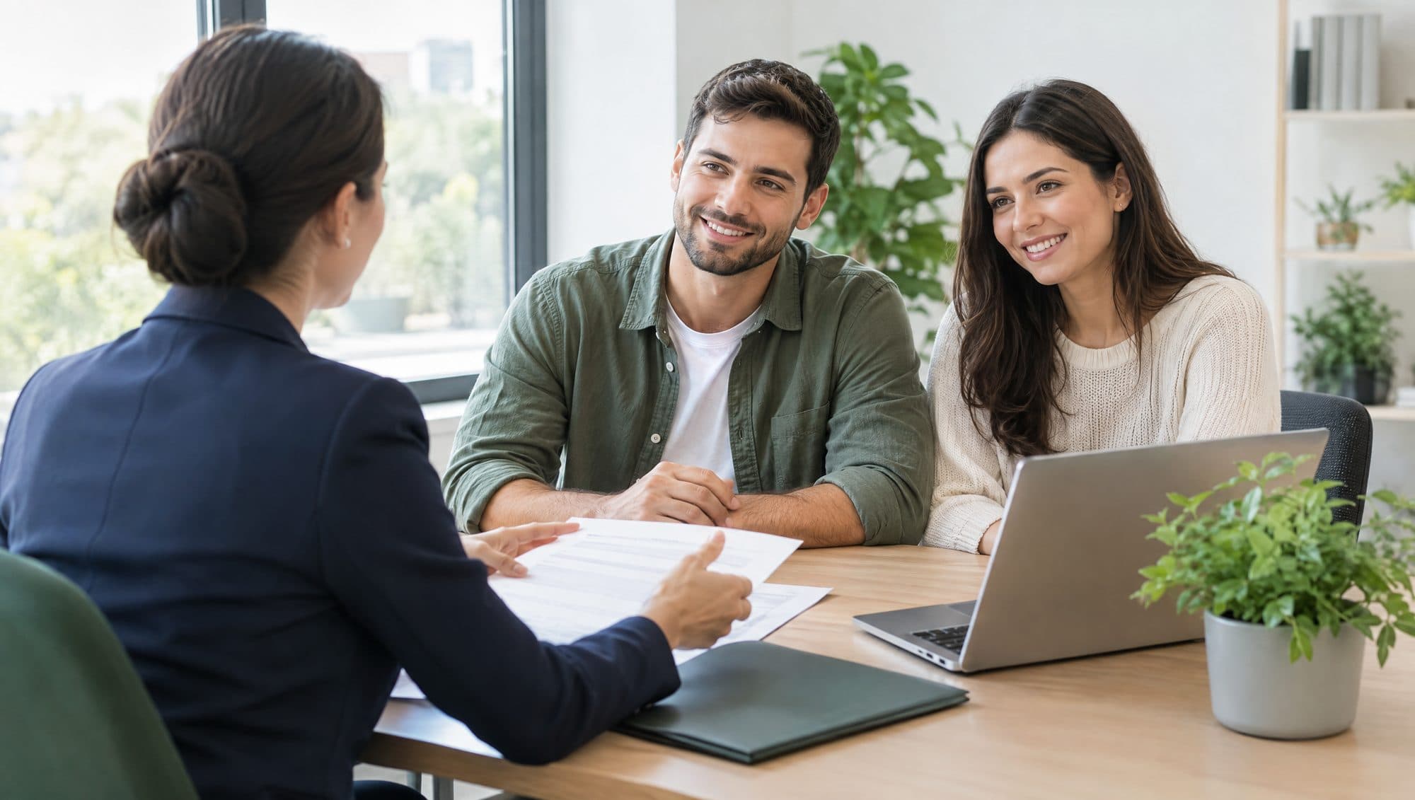 A consultant explaining documents to a smiling couple in a bright office