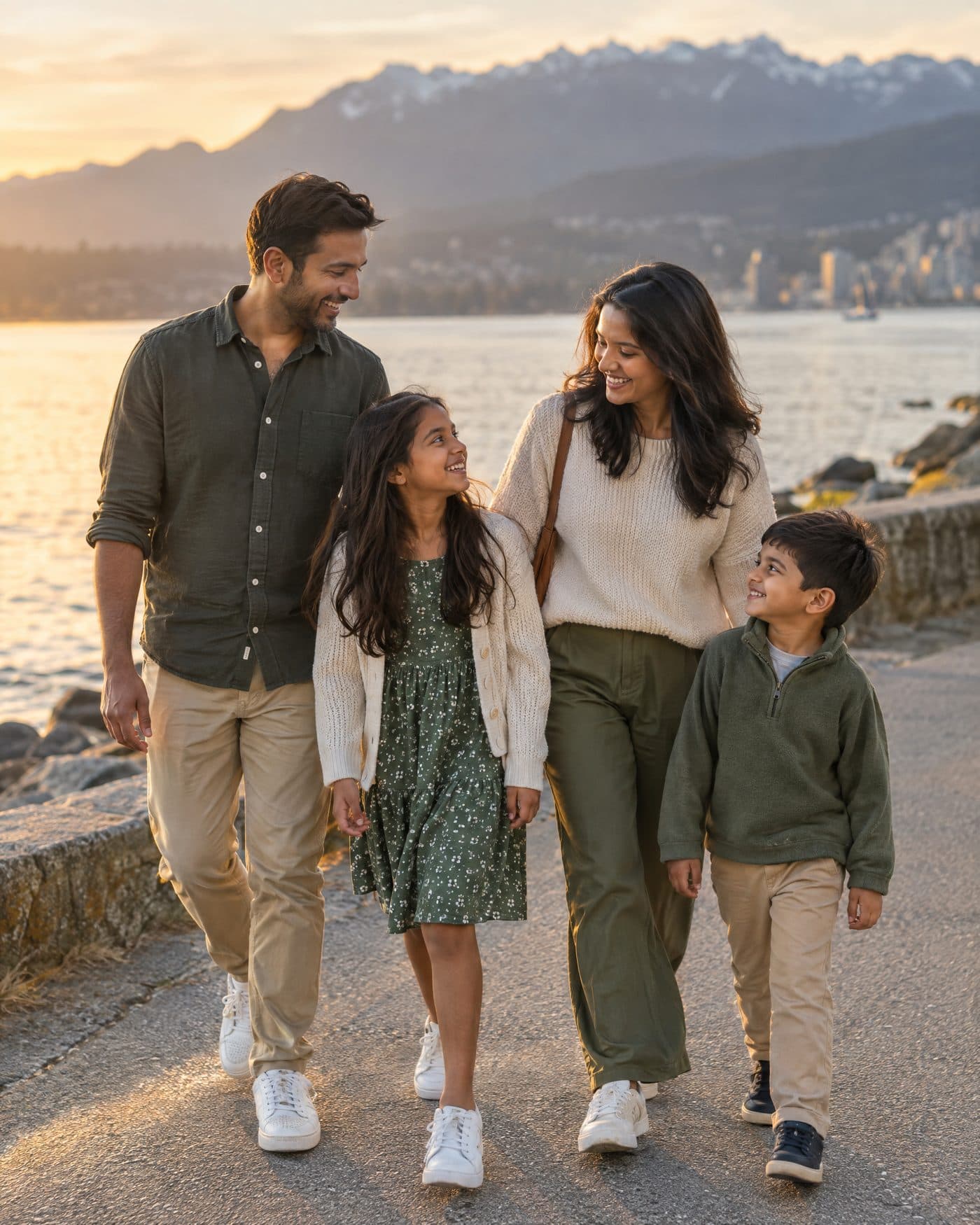 A smiling family walking along the Vancouver seawall at sunset