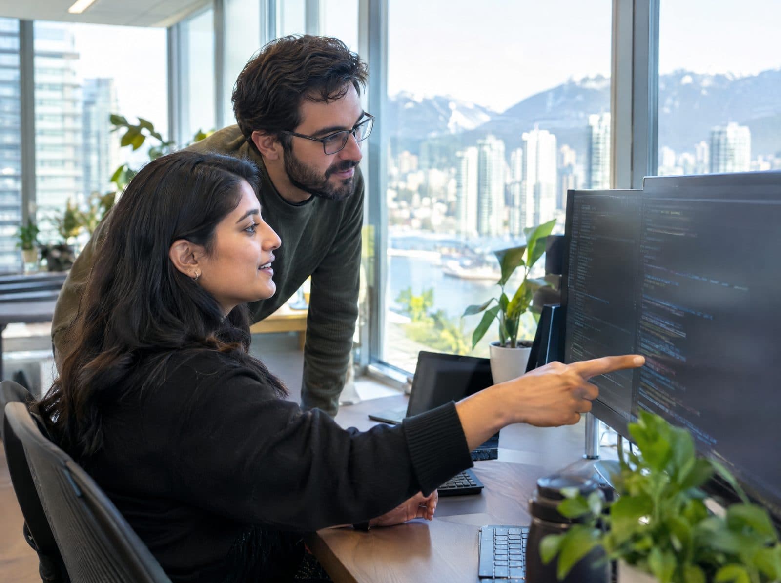 Two software professionals reviewing work on a monitor in a Vancouver office